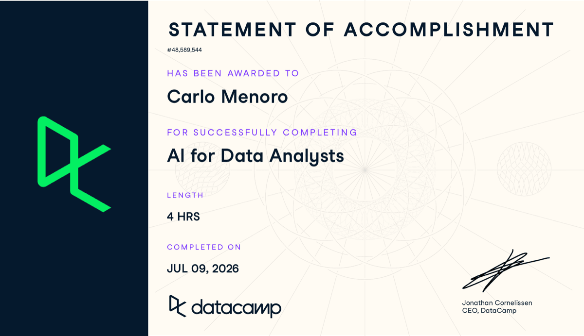Preview of the official AI for Data Analysts certificate — click to open the full PDF
