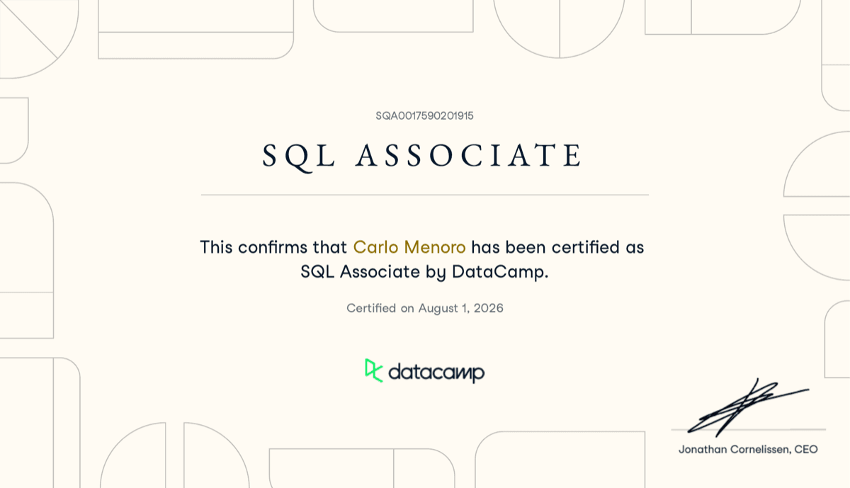 Preview of the official SQL Associate certificate — click to open the full PDF