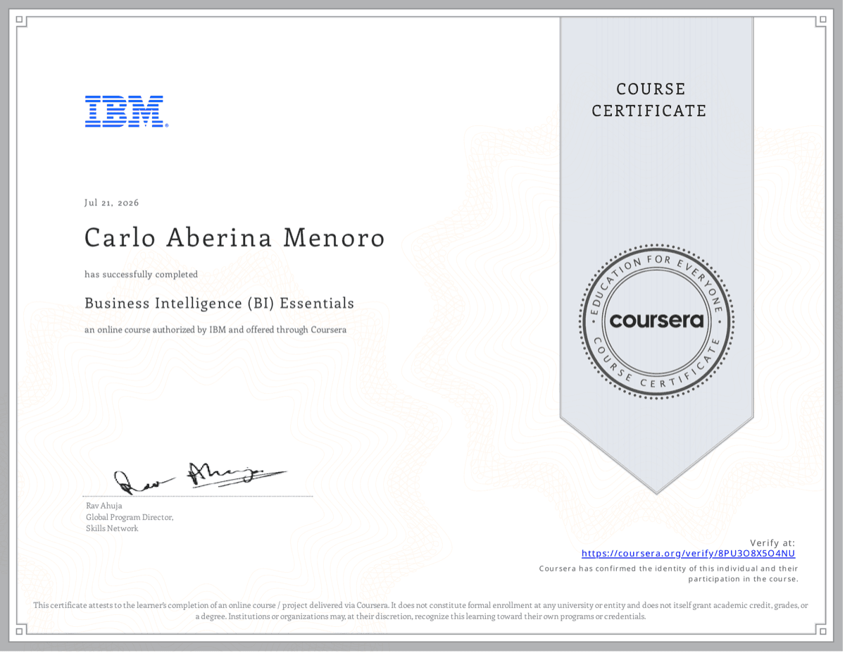 Preview of the official Business Intelligence (BI) Essentials certificate — click to open the full PDF
